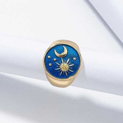 Sun moon enamel gold signet ring for women brass gold plated vintage blue color women fashion jewelry 2021