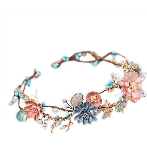 Bridal Tiara DIY Gold Blue Handmade Beaded Baroque Style Women Girls Garland Headband Crown Wedding Hair Accessories