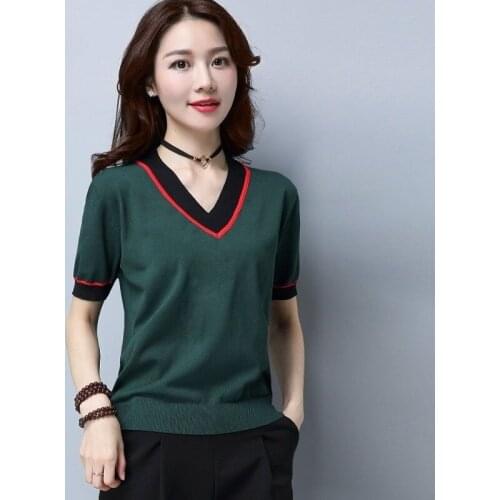 Large Size Stripe Knitted Short Sleeve V-Neck Tops Women For Summer Breathable Contrast Color Knitwear High Elasticity Female