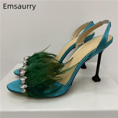 Purple Feather Banquet Shoes Woman High Goblet Heel Sexy Open Toe Ankle Strappy Luxury Satin Rhinestone Sandals Women