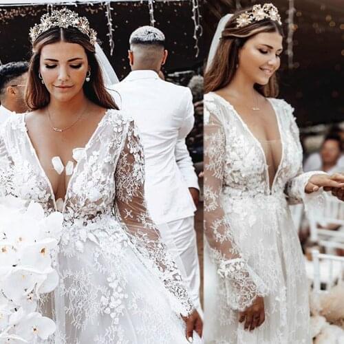 Vintage Bohemian Plus Size Wedding Dresses Illusion V Neck Lace Appliques Long Sleeve Wedding Dress Boho Bridal Gowns vestidos