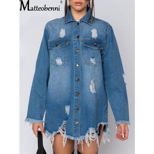 Women Ripped Hole Denim Jacket 2020 Boyfriend Wind Jean Jacket Loose Long Sleeve Coats Plus Size 3XL Bomber Jacket Spring Autumn