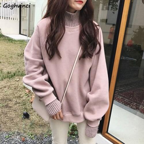 Hoodies Women Turrtleneck Solid Pullover Korean Style Thicker Plus Velvet Womens Simple Winter Warm Outwear Girls Ladies Hoodie