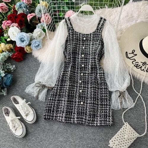 Womens Fashion Sets Tweed Plaid Waist Slim Fit Strap Mini Dress and Lace Lantern Sleeve Bow Lacing Tops Two Piece Sets ML567