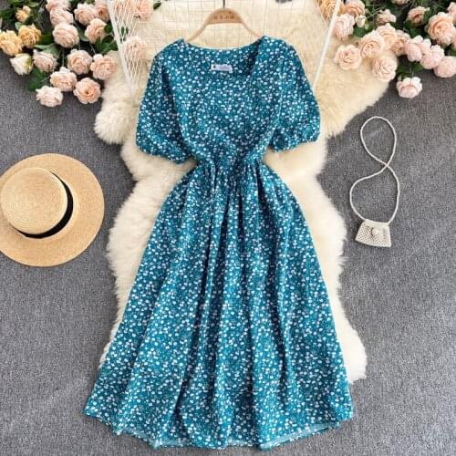 Vestidos Vintage Floral Print Puff Sleeve Dress Women 2021 Summer Polka Dot Beach Sweet Dresses Casual Slim Floral Long Dress