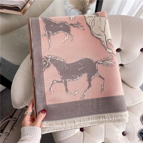 Horse Print Cashmere Scarf Women Winter Thick Warm Blanket Shawl and Wrap Hijab Bufanda Luxury 2021 Echarpe for Lady Pashmina