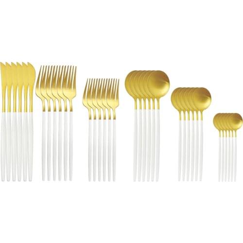 36Pcs/Set White Gold Matte Dinnerware Set Stainless Steel Knife Dessert Fork Spoon Cutlery Set Kitchen Flatware Tableware Set