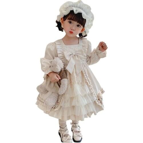 White Princess Lolita Crew Neck Lace Tutu Bow Palace Pattern Dress Spanish Style Girls Clothing Korean Baby Girls Party Clothes