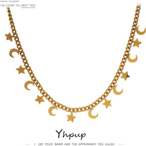 Yhpup Trendy Star Moon Chain Choker Necklace for Women Stainless Steel Fashion Necklace Gold Color Metal Jewelry Accessories New