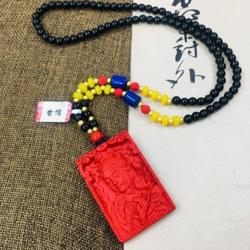 Zheru natural carved ore cinnabar lotus half-length Guanyin pendant with multi-color bead necklace men and women sweater chain