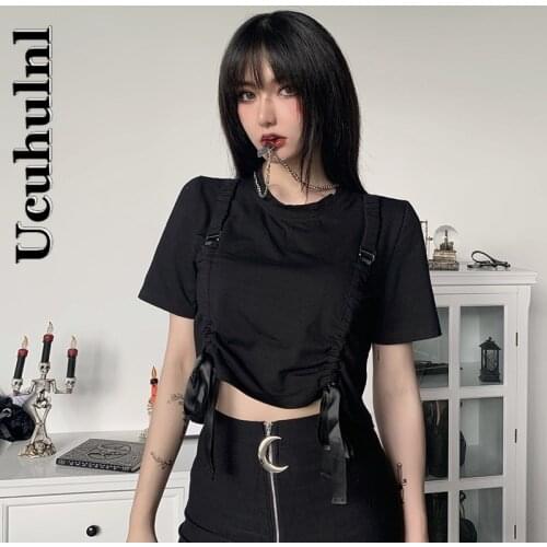 Ucuhulnl Patchwork Black T-shirts Women Harajuku Gothic Short Sleeve Bow Bandage Tops Summer Fashion Loose Crop Top Punk Tees