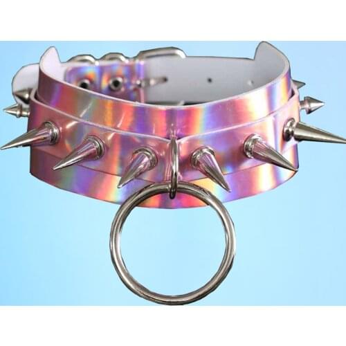 Punk double layer color reflective PU leather collar choker chain hot style big ring pointed rivet collar collarbone chain