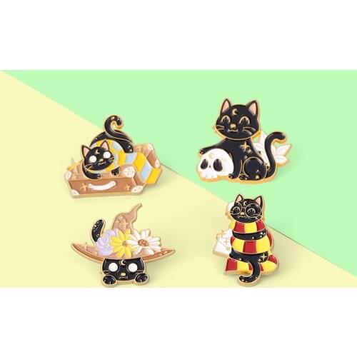 Black Cats Enamel Pins Witch Box Skull Magic Hat Brooches Punk Badge Decoration on Backpack Caps Cool Gift for Women Men