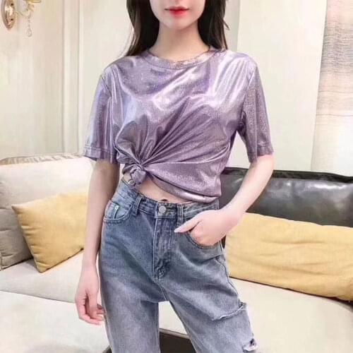 Short-sleeved T-shirt Womens Glittering Student Girlfriends Round Neck Bottoming Shirt Bright Silk Top