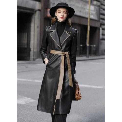 High End Temperament New Windbreaker Womens Real Leather Slim Long Spring Sheepskin Coat Black High Quality Jacket with Belt
