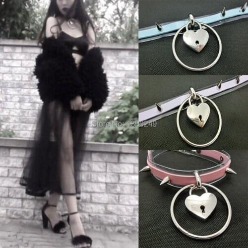 Fashion Harajuku Handmade Choker Rock leather Torques Collar belt Punk Clear O-Round Safe Heart Stud Necklace rivet
