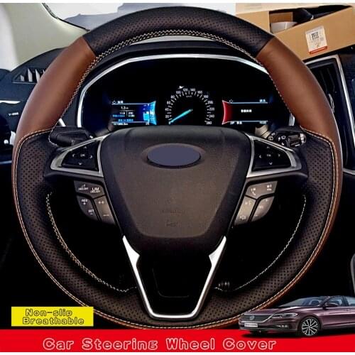 DIY Hand-stitched Black Genuine Leather Car Accessories Steering Wheel Cover For Ford Fusion Mondeo 2013-2014 EDGE 2015-2016