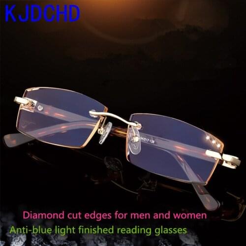Titanium mens fashion anti-blue rimless reading glasses gradient blue diamond high quality hyperopia glasses