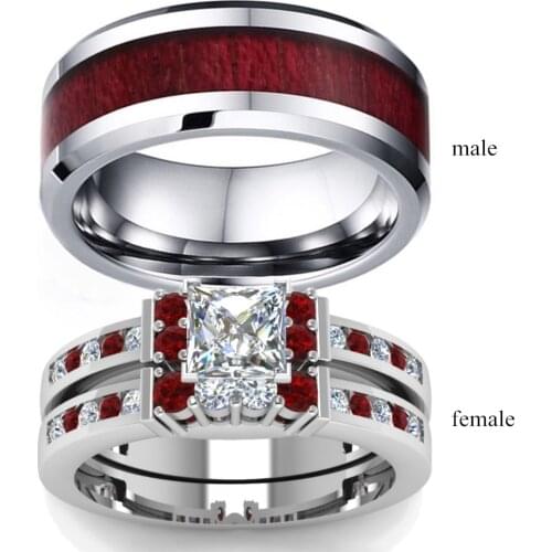 Brown red wood grain stainless steel mens ring rhinestone womens ring wedding jewelry couple ring new year gift