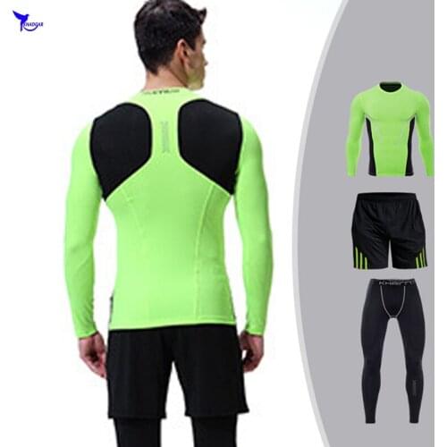 Mens Compression 3 Pcs Sports Suit Outdoor Running Jogging Set T Shirt+Shorts+Leggings Gym Fitness Workout Tights-Fit Sportswear