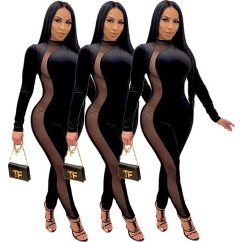 QY5029 Wholesale Items Winter Velvet Sexy Bodycon One Piece Rompers Women Long Sleeve Jumpsuit