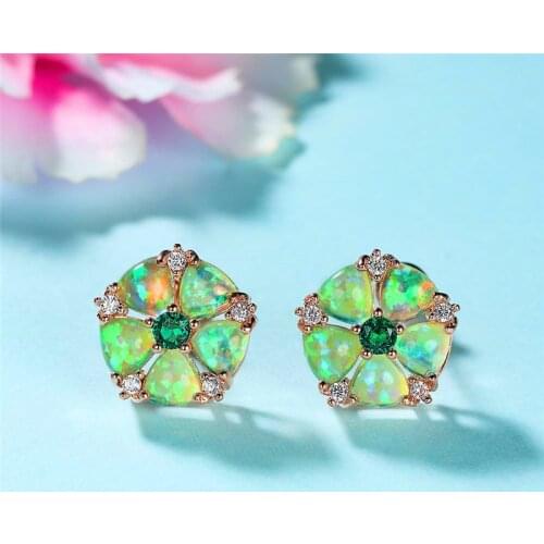 Luxury Female Green Opal Small Earrings Charm Rose Gold Color Stud Earrings Dainty Crystal Flower Wedding Earrings For Women