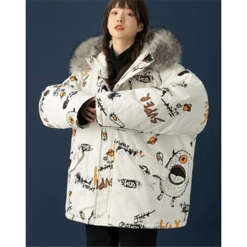 2021 Winter Fashion New Loose Large Size Large Fur Collar Hooded Graffiti Thicken Couple Coat Jacket Women Trendy H175