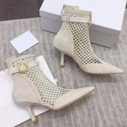Mesh Boots Women Suede Ankle Boots Spring New Design Pointed Toe Sexy High Thin Heels Ankle Strap Luxury Brand Designer Shoes