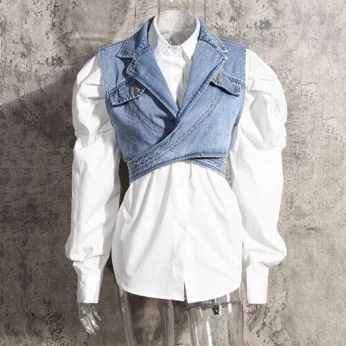 SeeBeautiful Irregular Denim Vest Lapel Puff Sleeve Single Breasted Loose Shirt Two Pieces Woman Autumn 2020 New Fashion T298