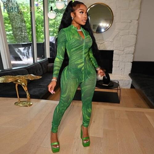 HAOYUAN Tie Dye Long Sleeve Sexy Jumpsuit Women Elegance Clothes Zip Skinny Birthday Party Outfits Fall One Piece Club Rompers