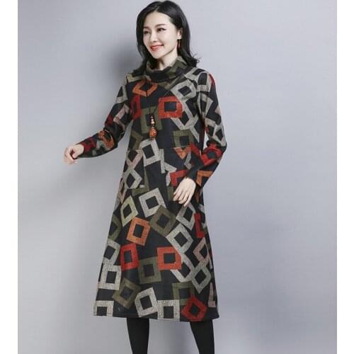 2019 New Style Winter Women Dress Autumn Plus Print Long Dress Vintage Long Sleeve Loose Vestido Robe Elbise Dresses AA4413