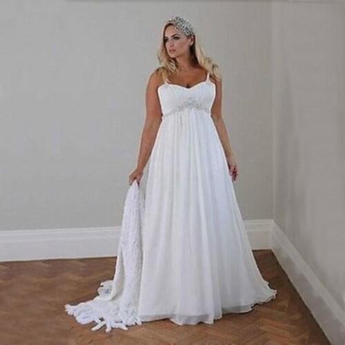 Plus Size Casual Beach Wedding Dresses Spaghetti Straps Beaded Chiffon Floor Length Empire Waist Elegant Bridal Gownse