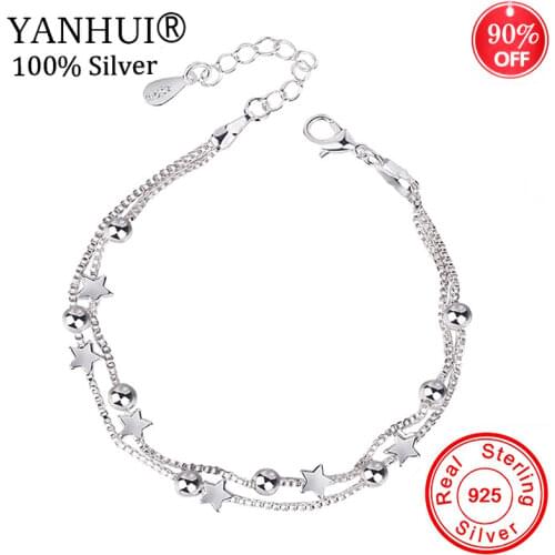 100% Original 925 Sterling Silver Bracelets Double Layered Stars Beads Chian Bracelets & Bangles For Women Girls Wedding Jewelry