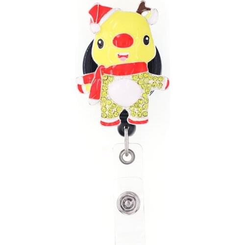 Free Shipping Christmas Deer Rhinestone Enamel Retractable ID Badge Holder Reel