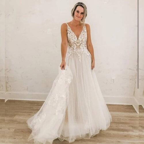 Elegant A-Line Wedding Dress V-Neck Sexy Tank Lace Appliques Backless Sleeveless Women Civil Bride Gown 2021 Vestidos De Noiva
