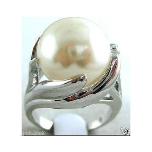 Hot selling free shipping********Fashion Natural 14mm White South Sea Shell Pearl Wedding Jewelry Ring Size 7/8/9