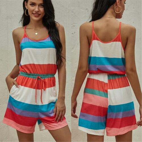 Summer Women Fashion Sexy Casual Jumpsuits Strap stripe Color Waistband Lace Up Casual Jumpsuit Street Fashion Wear