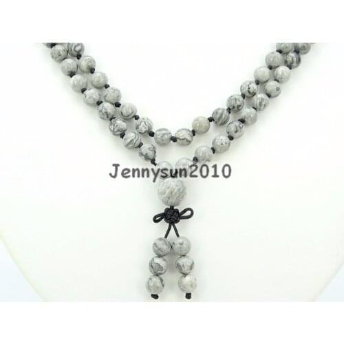 Natural Landscape 6mm Gems Stone Buddhist 108 Beads Prayer Mala Knot Necklace Multi-Purpose 5Strands/Pack