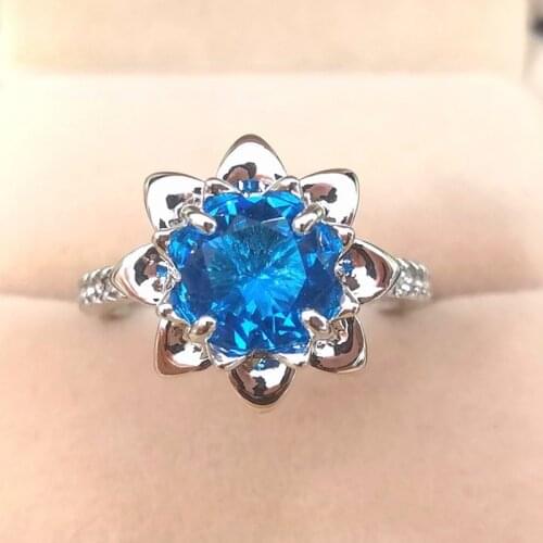 Ofertas Trendy Fashion Ladies Silver Color Inlaid Sea Blue Crystal Zircon Lotus Banquet Engagement Female Rings for Women