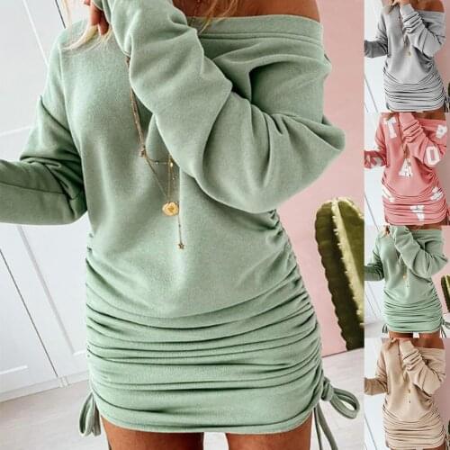Autumn Winter Women Long Sleeve One Shoulder Drawstring Bodycon Sweater Dress