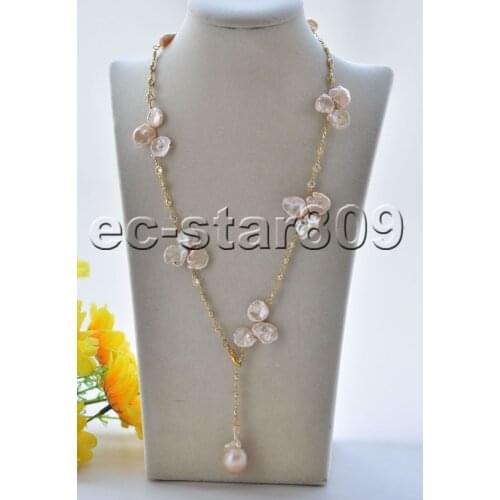 P7350 Adjustable 33" 16mm Pink lamina & KESHI Pearl CZ Pendant & Necklace Choker Women