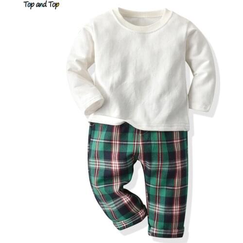 Top and Top Kids Pajamas Set Autumn Girls Boys Sleepwear Nightwear Long Sleeve O-Neck Tops+Plaid Pants Childrens Pyjamas