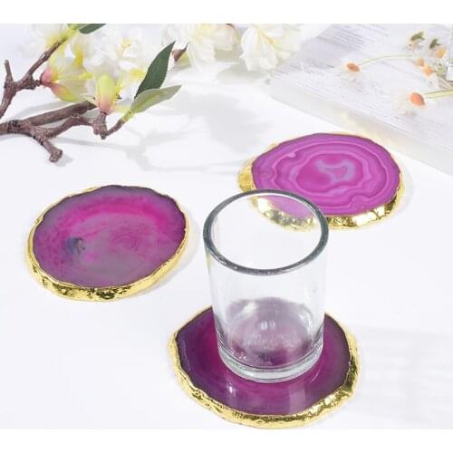 Round Shape Slice Electroplated Gold Edge Craft Pad Red Agate Natural Stone Crystal Coaster Cup Beverage Holder Mat Home Decor