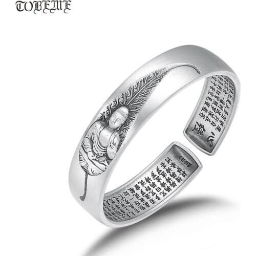 Handmade 100% 999 Silver Cuff Bracelet Tibetan Buddha Bangle Buddhist Heart Sutra Good Luck Cuff Bracelet