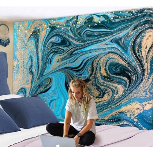 Blue Gouache Line Tapestry Wall Hanging Gold Marble Whirlpool Bohemian Hippie Psychedelic Art Vertigo Printing Room Decor