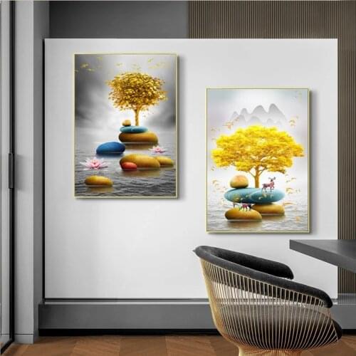 Modern Golden Luxury Art Golden Stone and Golden Tree Landscape Painting Wall Art Pictures for Living Room Home Decor (No Frame)