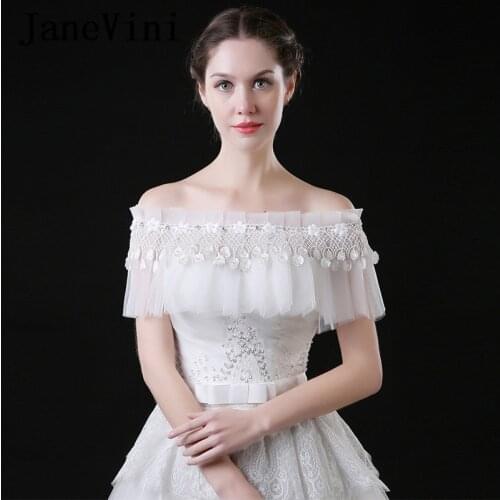 JaneVini 2019 Brautjacke Lace Wedding Cape Bridal Boleros Pearl Flowers Women Summer Stoles Boat Neck Tulle Bride Jacket Mariage