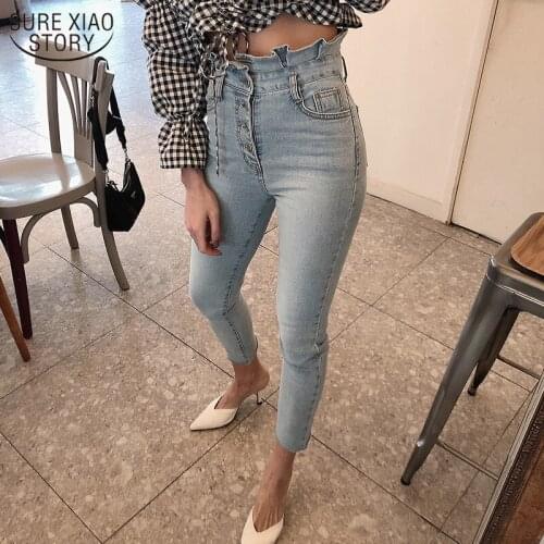 High Waist Jeans Woman 2021 Single-breasted Pencil Jeans Streetwear Vintage Skinny Ruffles Cotton Women Denim Trousers 10403