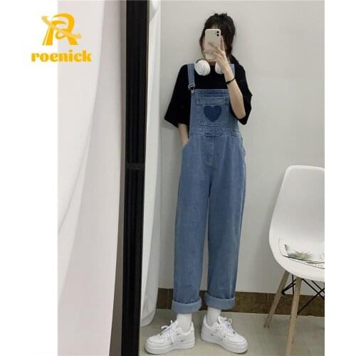 ROENICK Women Fall Korean Street Denim Jumpsuits Students Loose Cute One-Piece Overall Trousers Love Long Trendy Washed Rompers