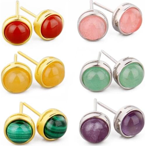 925 Silver Natural Stone Stud Earring Pink Quartz Tiger Eye Crystal Moonstone Topaz Fine Jewelry for Women Ear Earring